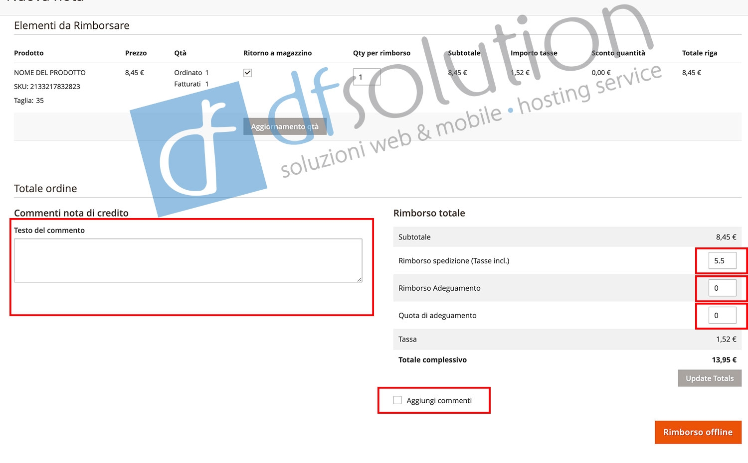 Come creare una Nota di Credito o rimborso parziale su Magento2