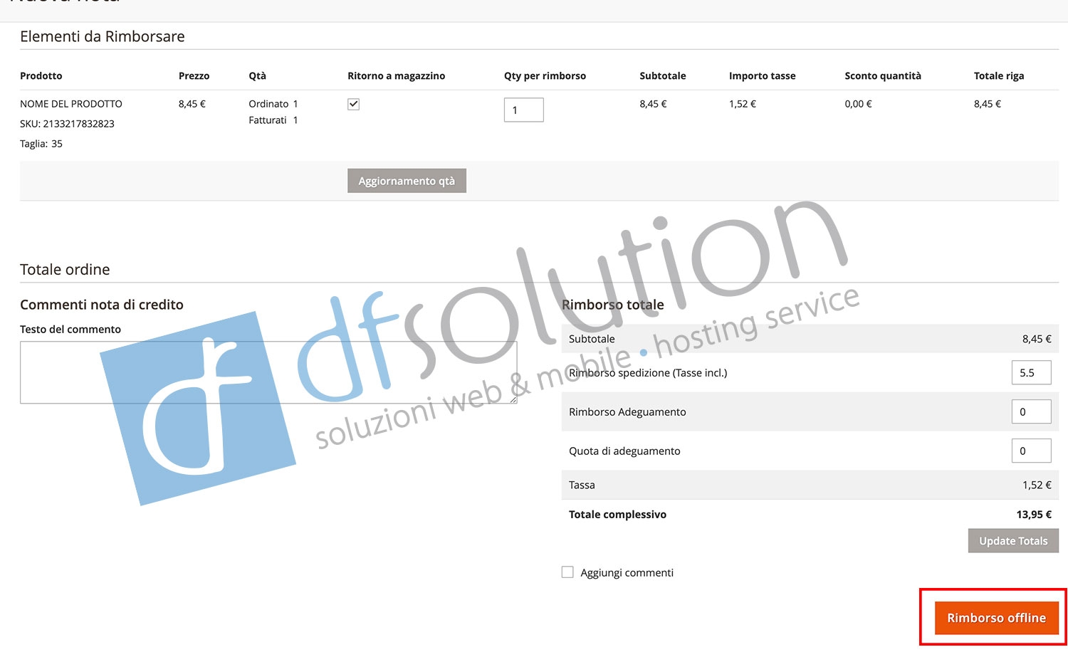 Come creare una Nota di Credito o rimborso parziale su Magento2